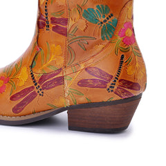 Socofy Winter Vintage Leather Floral Boots
