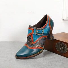 SOCOFY Retro Genuine Leather Square Heel Round Toe Buckle Strap Mixed Colors British Style Novelty Flower Shoes