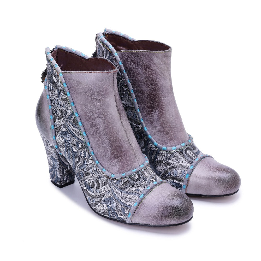 Socofy Handmade Genuine Leather Heeled Short Boots