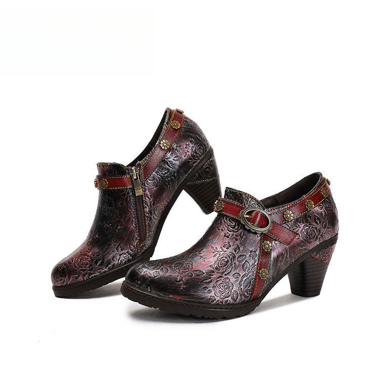 Socofy Ethnic style thick heel retro shoes pumps
