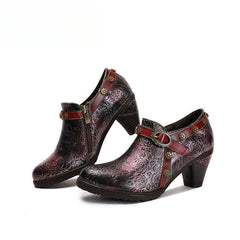 Socofy Ethnic style thick heel retro shoes pumps