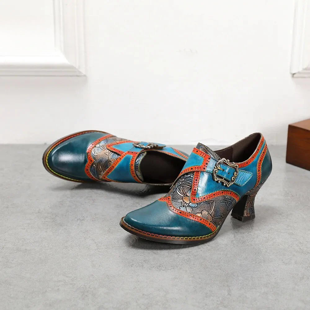 SOCOFY Retro Genuine Leather Square Heel Round Toe Buckle Strap Mixed Colors British Style Novelty Flower Shoes
