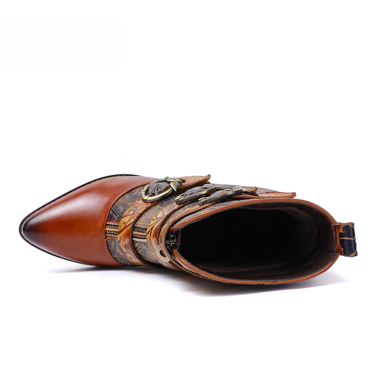 Socofy Vicconfy Head Cowhide Vintage Front Zipper Ankle Boots