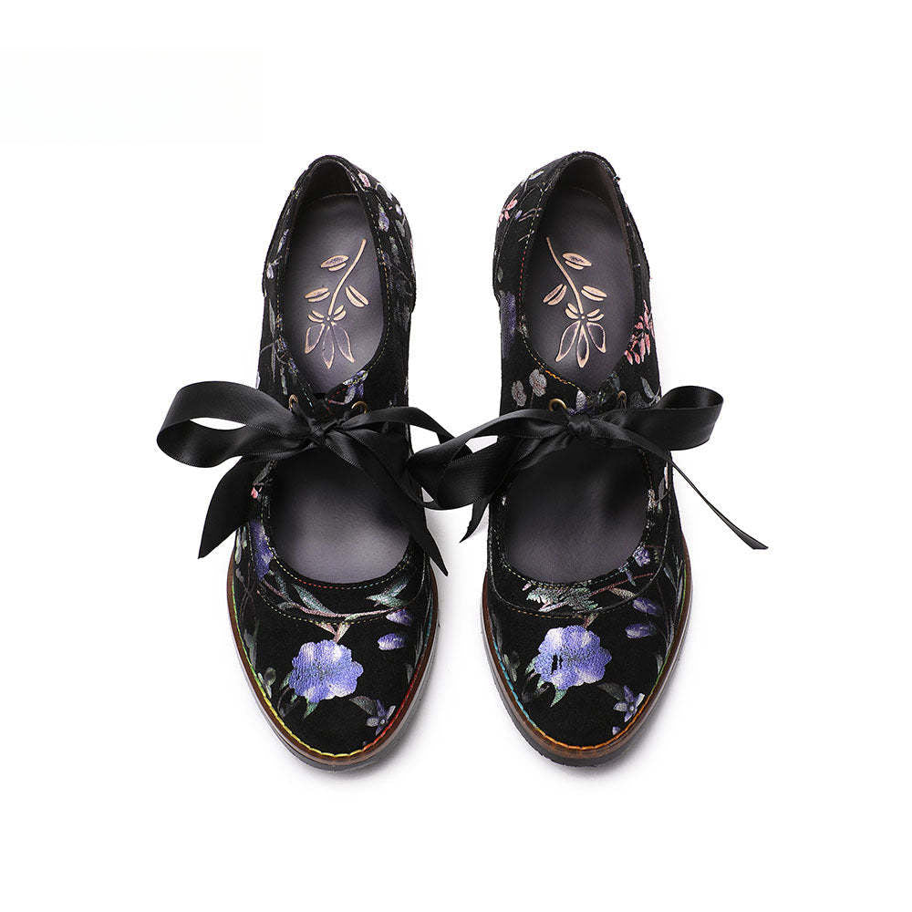 Socofy Flower Antique Style High Heel Round Toe Women's Shoes