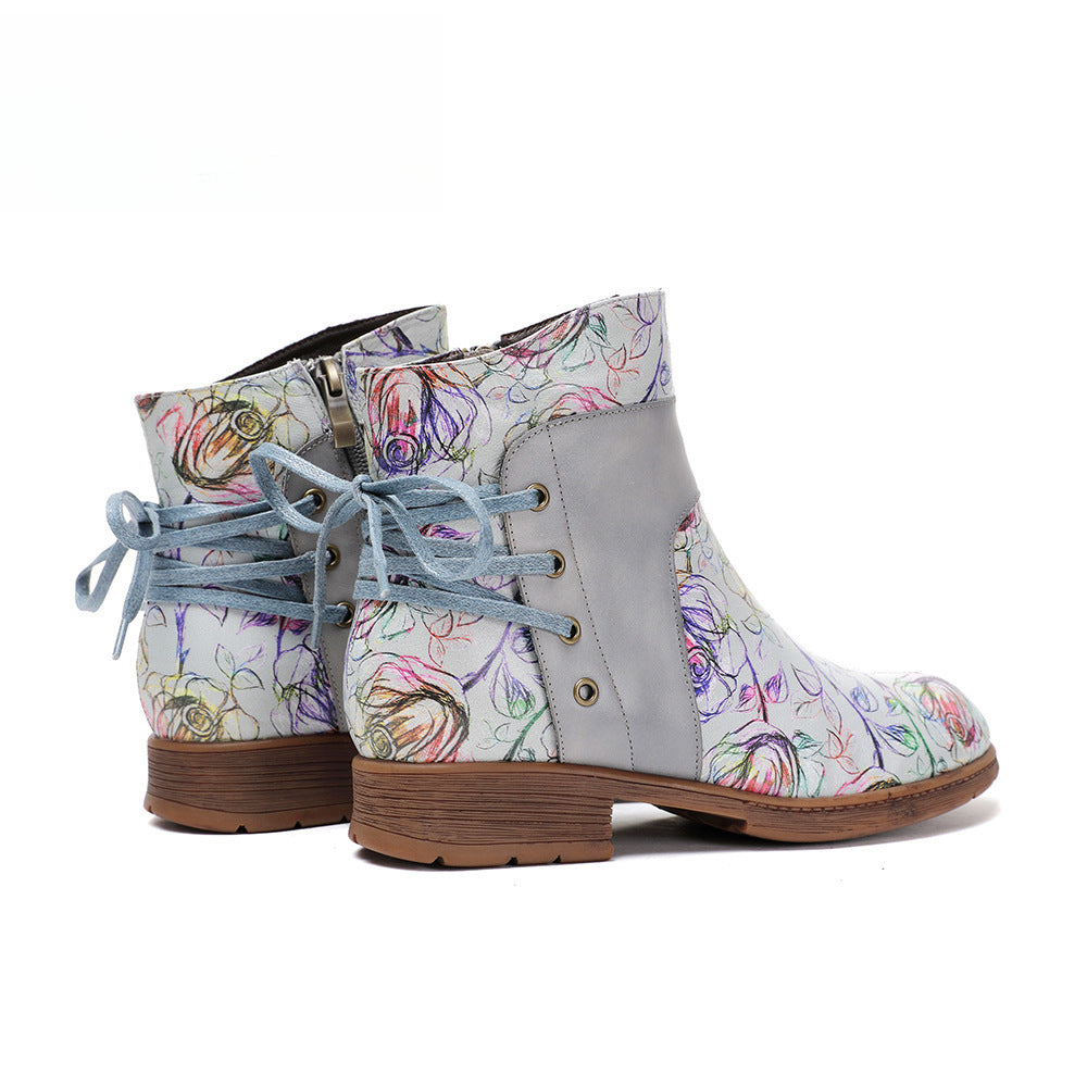 Socofy Vicconfy Retro Leather Blossom Casual Comfort Ankle Boots