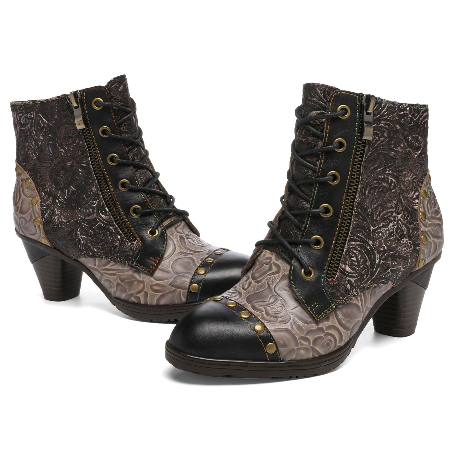 Socofy Vicconfy Retro Handmade Leather Patchwork Ankle Boots