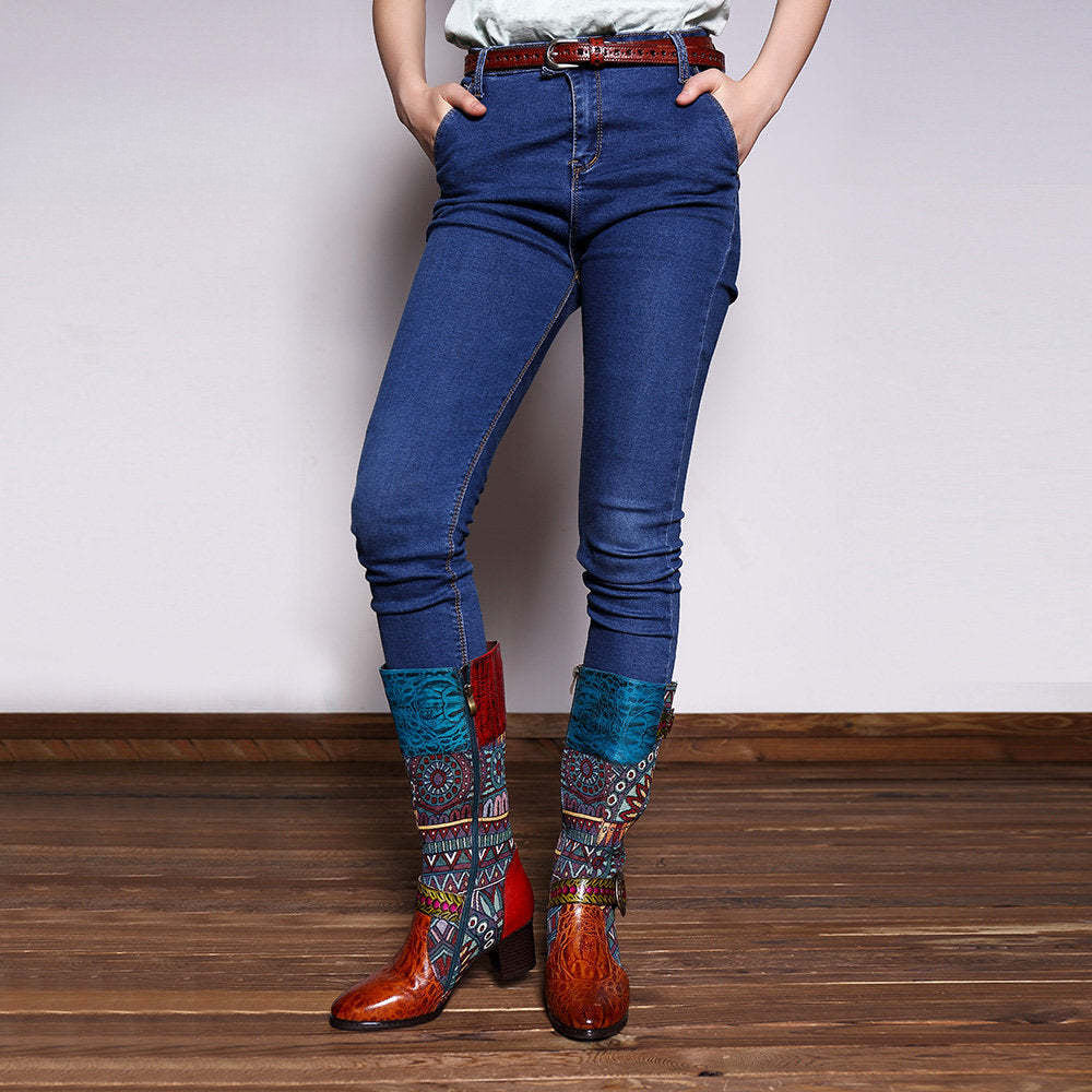 Socofy pointed-toe adhesive-soled high-top cowhide bohemian ethnic style fashion boots