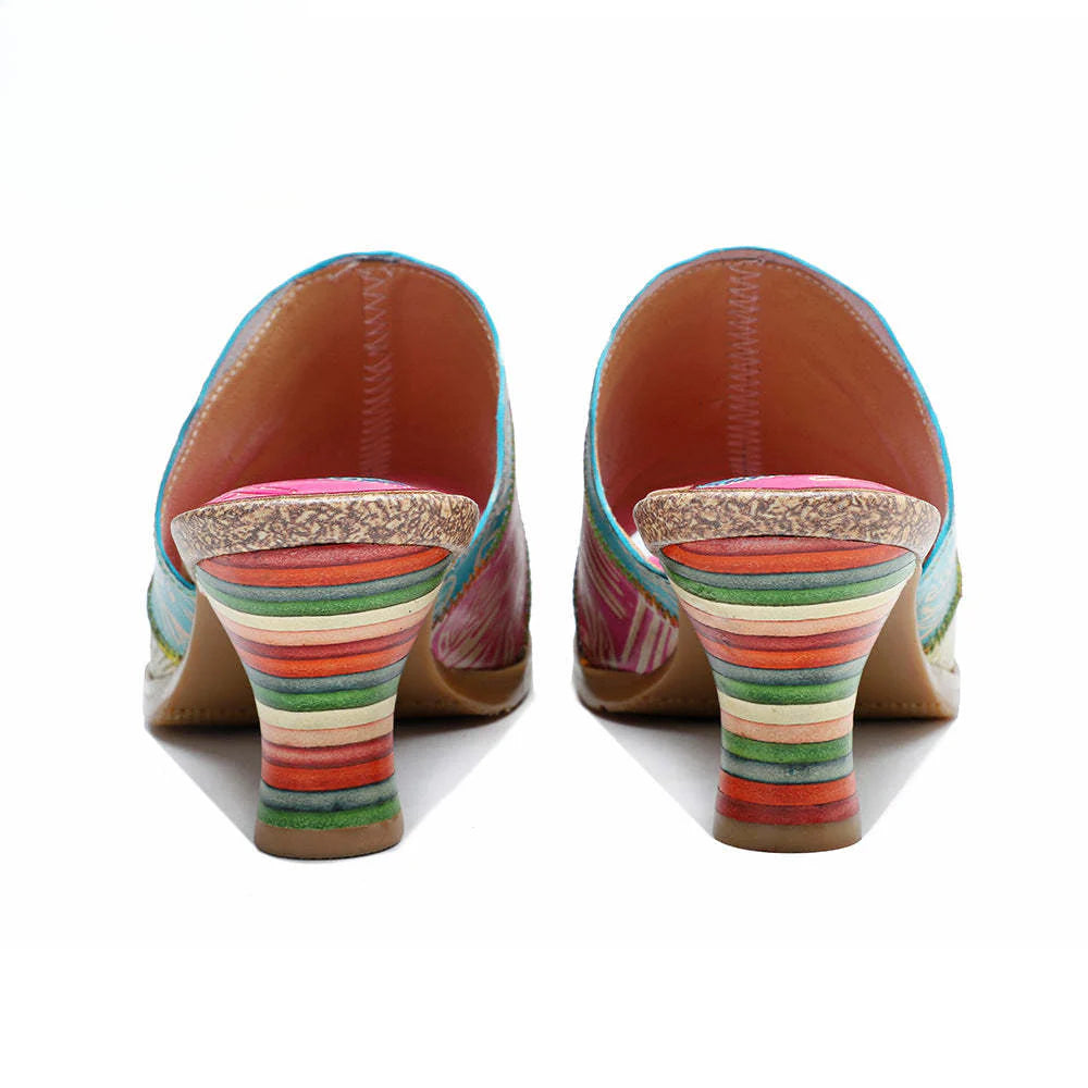 Socofy Summer Leather Vintage Colour Block High Heeled Sandals