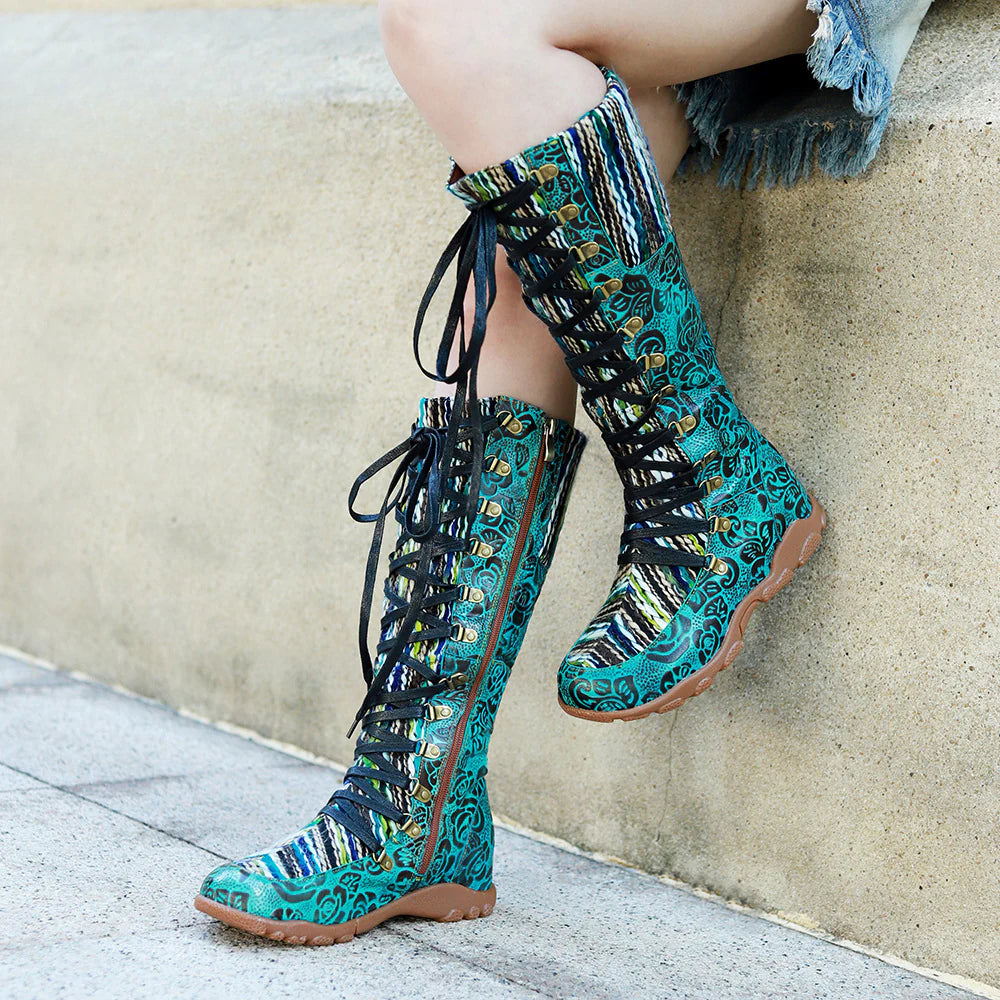 Socofy Genuine Leather Vintage Printed Wool Lace Up Comfortable Flat High Boots