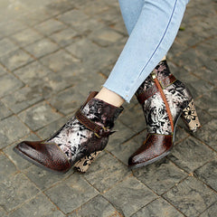 Socofy Vicconfy Genuine Leather French Vintage Print Heeled Women's Boots