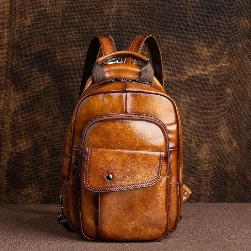 Socofy Retro Mini Backpack Genuine Leather Multifunctional Backpacks Vintage Handmade Chest Bags