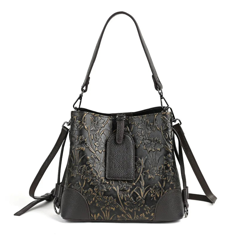 Socofy Retro Embossed Genuine Leather Women Shoulder Bucket Bag Cowhide Handbag Female Large Capacity Crossbody Bags