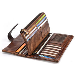 Socofy Vintage Cowhide Purse Oil Wax Skin Long Wallet Genuine Leather For Ladies Multi-card Splicing Wallet