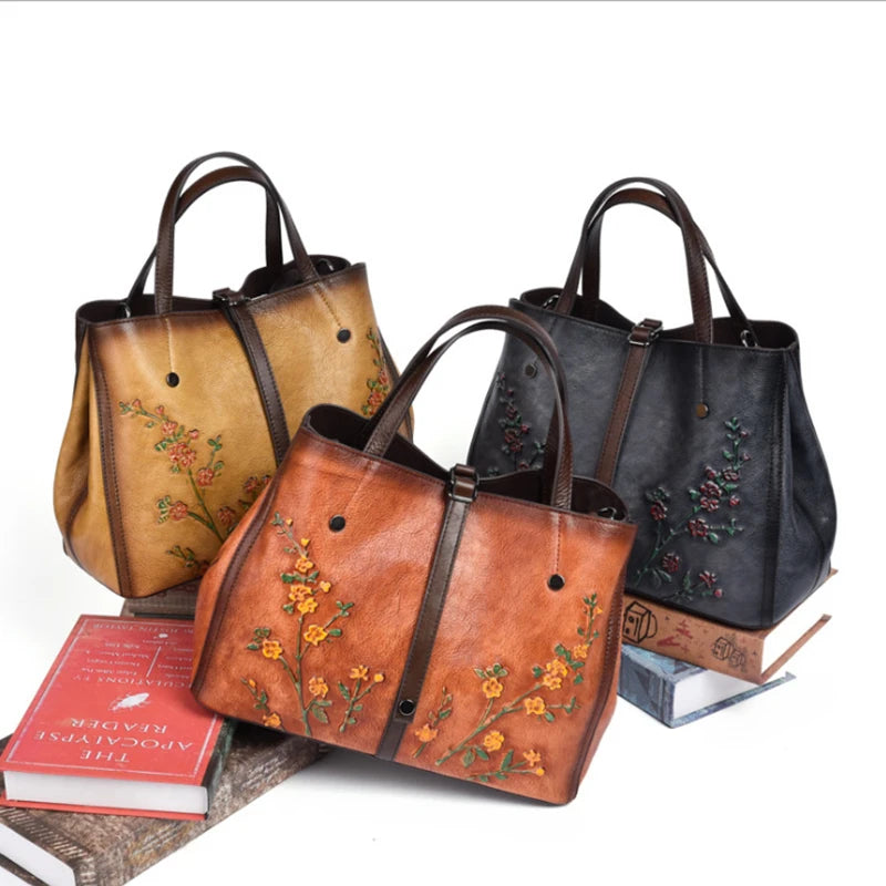 Socofy Women's Bag Genuine Leather Handbag For Women Vintage Embossed Female Shoulder Bag Handmade Large Capacity Crossbody Bag