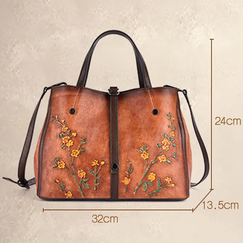 Socofy Women's Bag Genuine Leather Handbag For Women Vintage Embossed Female Shoulder Bag Handmade Large Capacity Crossbody Bag