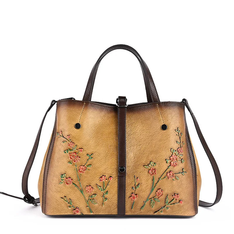 Socofy Women's Bag Genuine Leather Handbag For Women Vintage Embossed Female Shoulder Bag Handmade Large Capacity Crossbody Bag