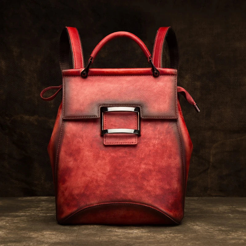 Socofy Vintage Backpack For Women Genuine Leather Backpacks Large Capacity Handmade Bags