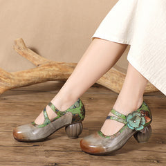 Socofy Summer Breeze Retro Handmade Leather Floral High Heel Closed Toe Shoes