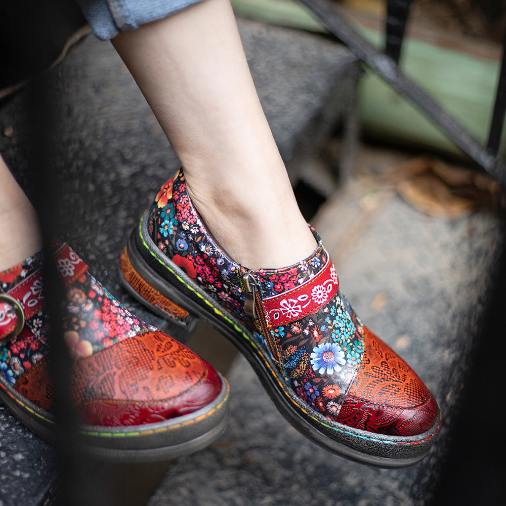 Socofy spring retro women's shoes genuine leather ethnic style flat shoes