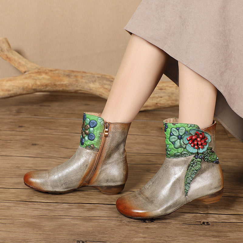 Socofy Handmade Leather Floral Round Toe Low Heel Boots