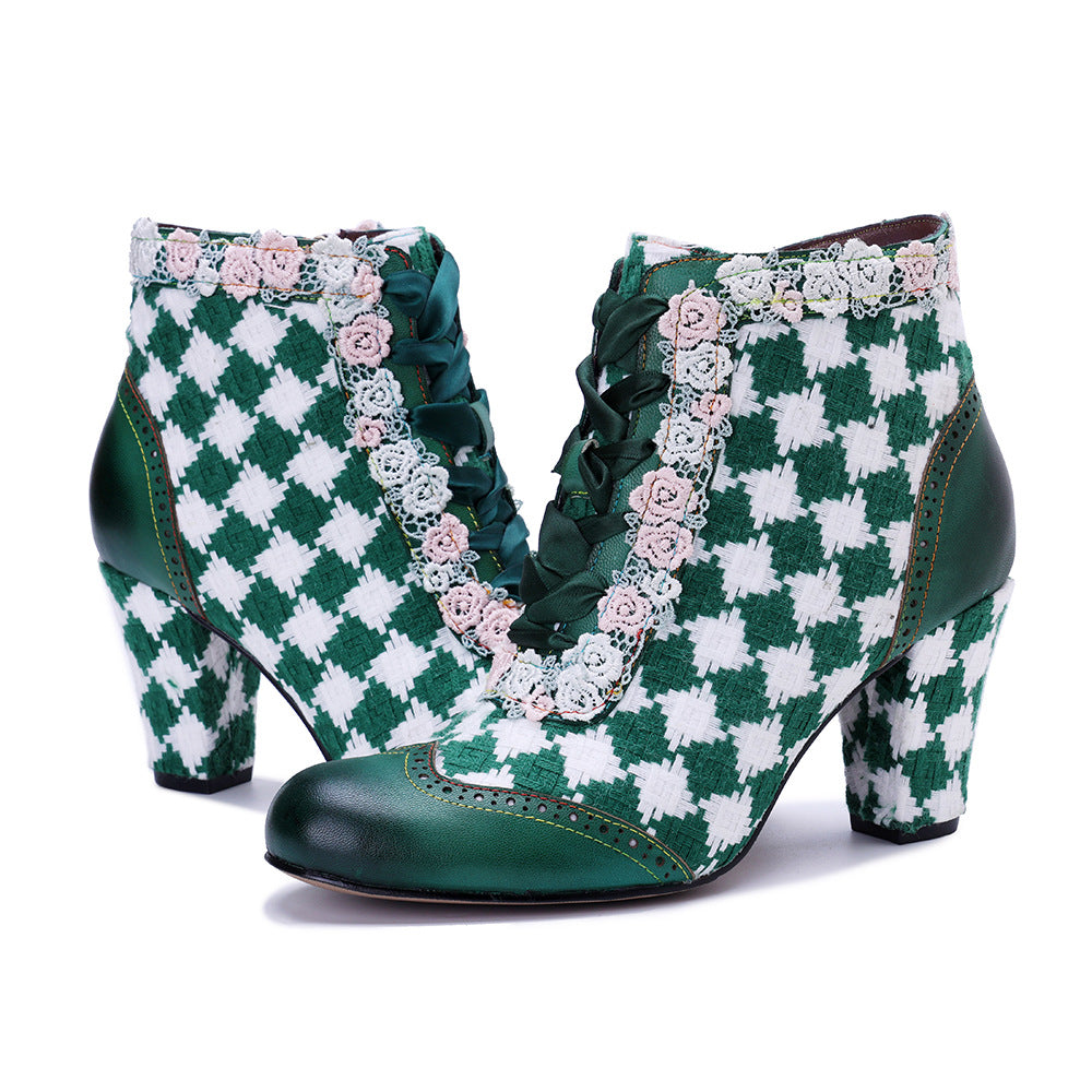 Socofy Retro Grace Handwoven Leather High Heel Boots