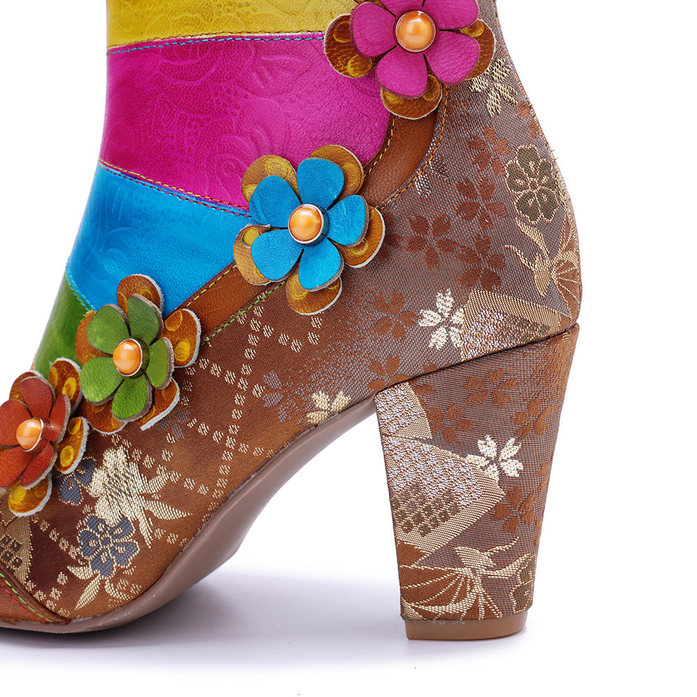 Socofy Handmade Leather Floral Side Zipper Short Boots