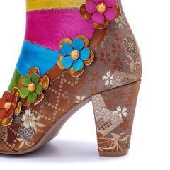 Socofy Handmade Leather Floral Side Zipper Short Boots