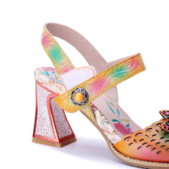 Socofy Summer Handmade Leather Cutout Floral High Heel Sandals