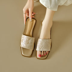 Socofy Square Toe Vintage Ethnic Flat Slippers