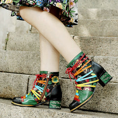 Socofy Printed Patchwork Leather Short Boots