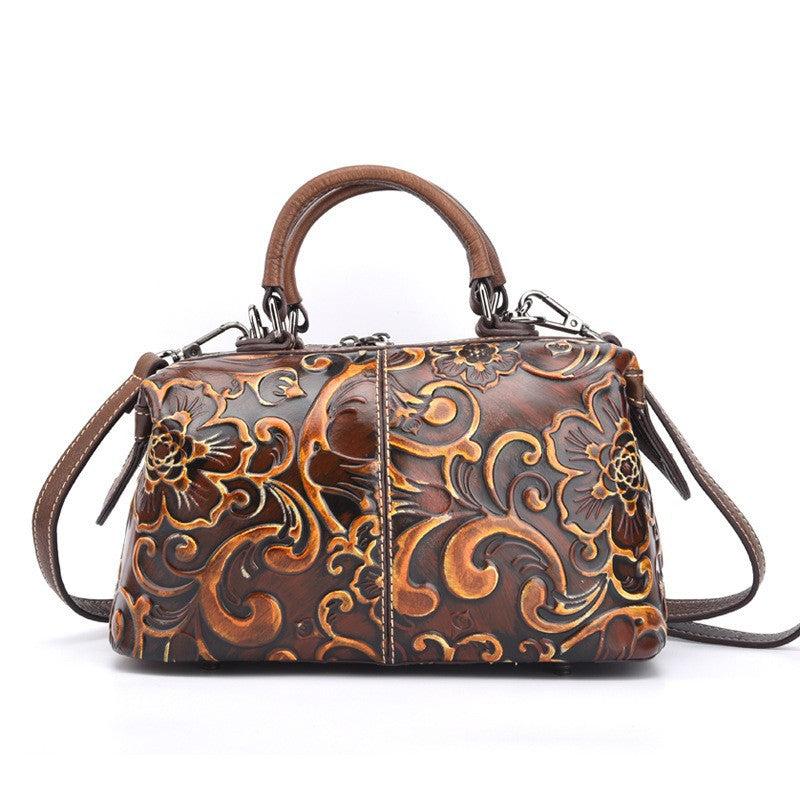 Socofy Full Grain Leather Retro Chinese Style Tote Bag