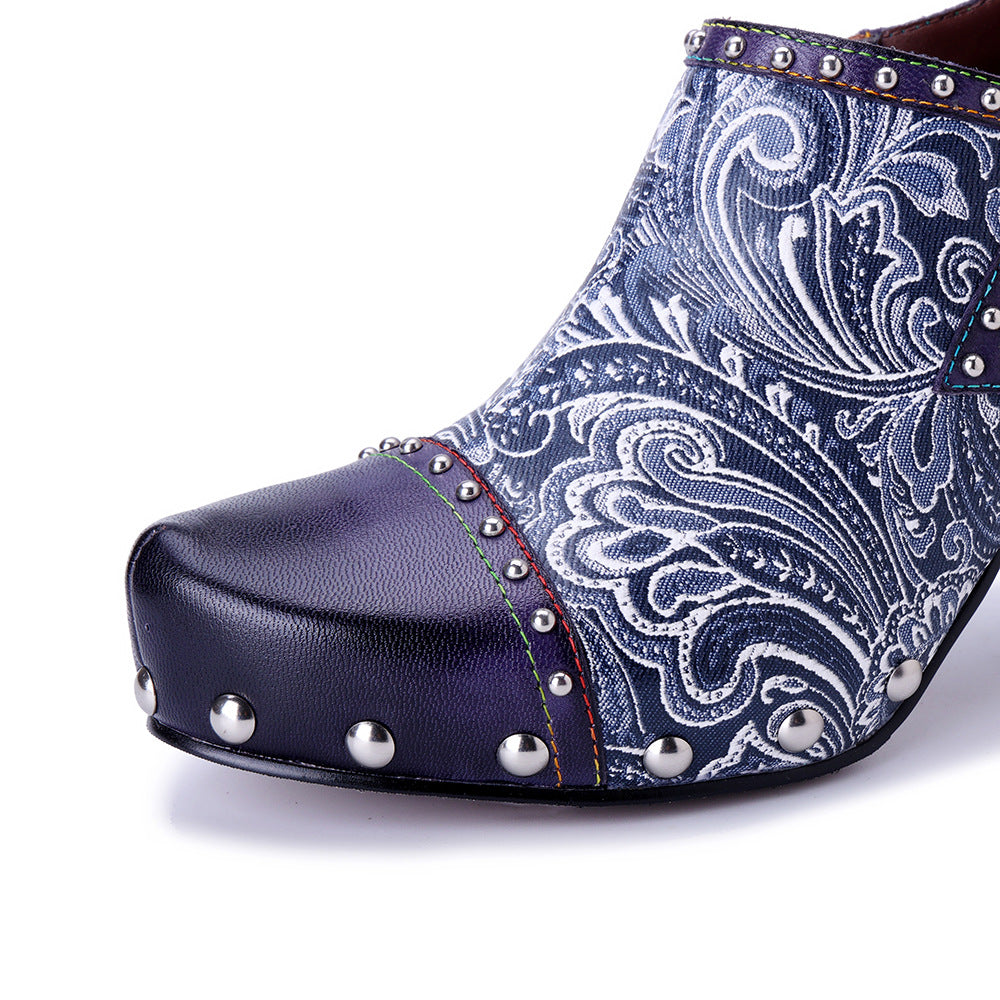 Socofy Fall Winter Handmade Leather Printed Studded High Heel Shoes