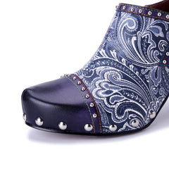Socofy Fall Winter Handmade Leather Printed Studded High Heel Shoes