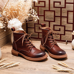 Socofy Handmade Leather Mid Heel Martin Boots