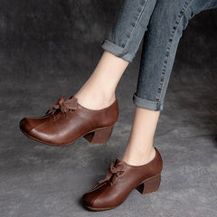 Socofy Top Grain Leather Lace Mid Heel Shoes