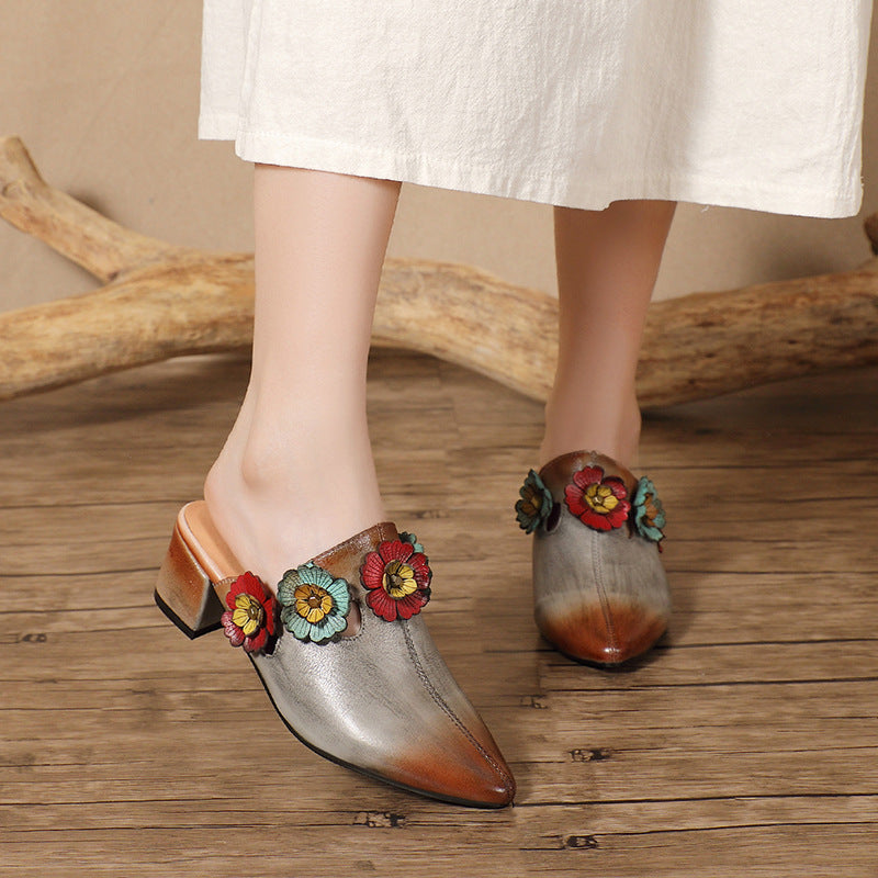 Socofy Retro Design Handcrafted Leather Low Heel Open Toe Slipper