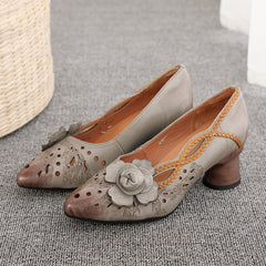 Socofy Handmade Leather Pointed Toe Chunky Heel Floral Cutout Sandals