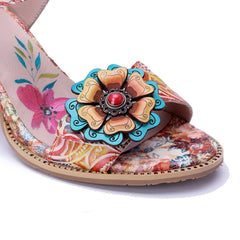 Socofy Summer Handmade Leather Baroque Floral High Heel Sandals