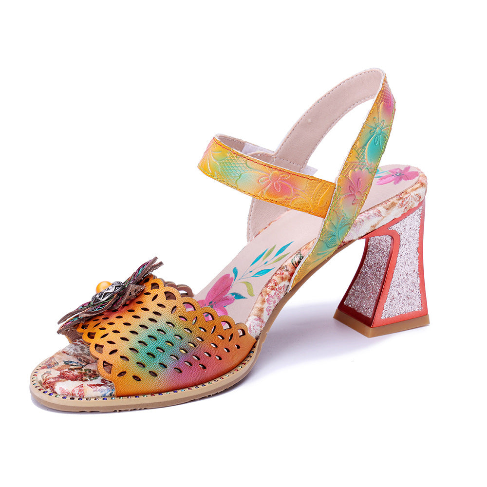 Socofy Summer Handmade Leather Cutout Floral High Heel Sandals