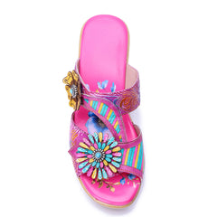 Socofy Retro Handmade Leather Flower High Heel Slippers