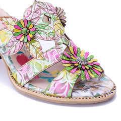 Socofy Summer Leather Flower High Heel Sandals