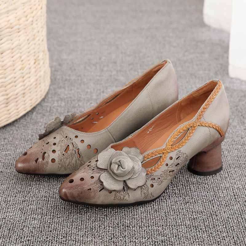 Socofy Handmade Leather Pointed Toe Chunky Heel Floral Cutout Sandals