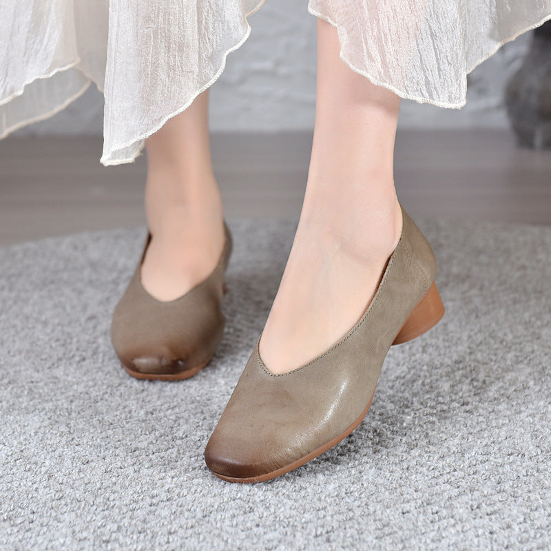 2025 Vintage Genuine Leather Mid Heel Scuffed Flat Shoes