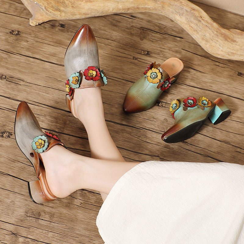 Socofy Retro Design Handcrafted Leather Low Heel Open Toe Slipper