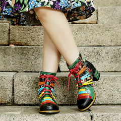 Socofy Printed Patchwork Leather Short Boots