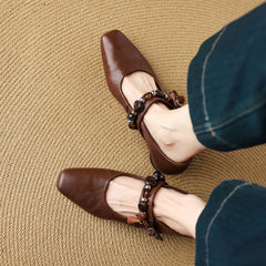 Socofy Fall New Square Toe Sheepskin Mid Heel Flats