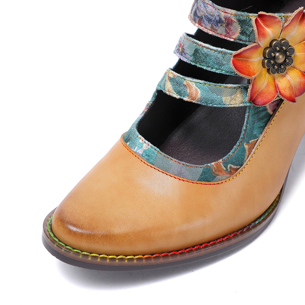 Socofy Leather Flower Decoration Embroidered High Heeled Sandals