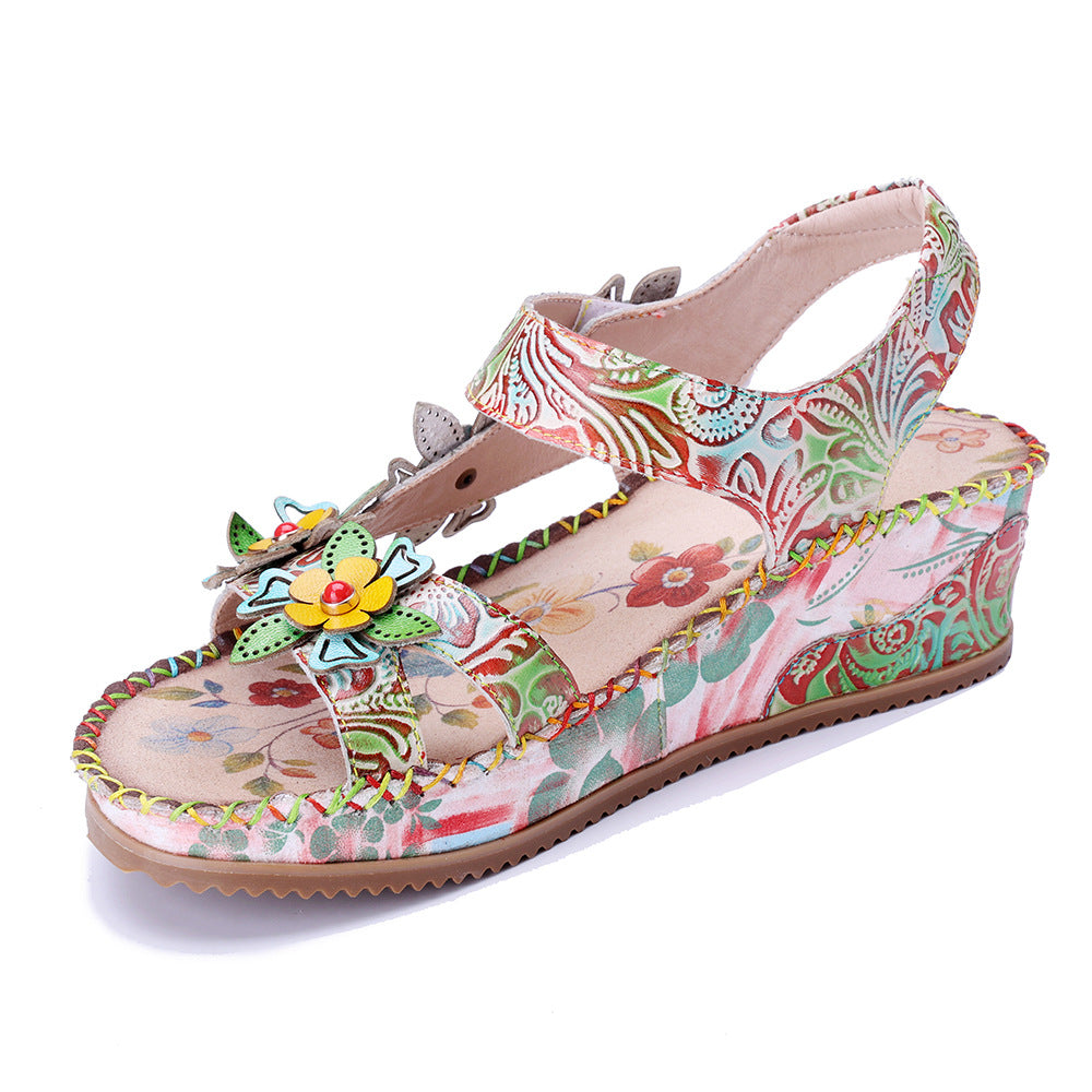 Socofy Handmade Leather Retro Floral Sandals