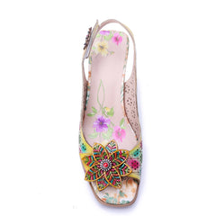 Socofy Handmade Leather Baroque Style Flower High Heel Sandals