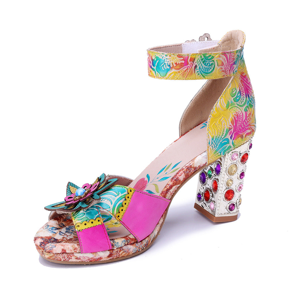 Socofy Summer Leather Flower High Heel Sandals